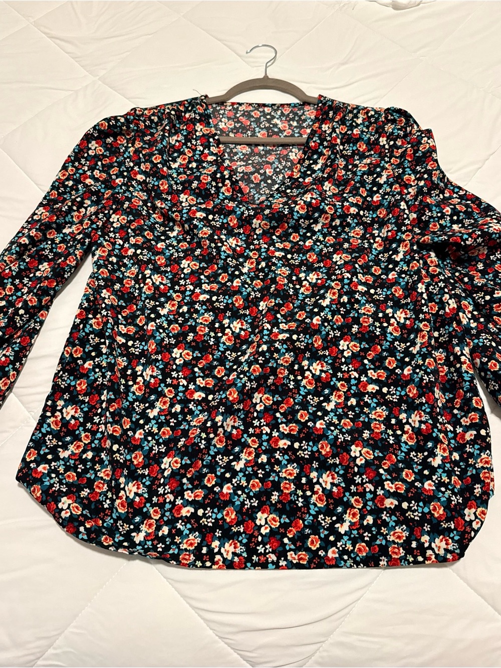 SHEIN Black Floral V-Neck Long Sleeve Blouse with Red & Teal Flowers
